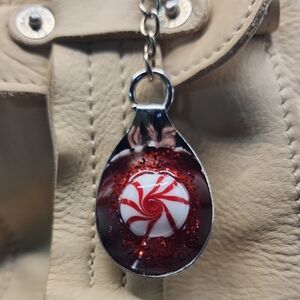 Red and White Swirl  Bag Charm Keychain Combo Featuring Peppermint Candy Charm